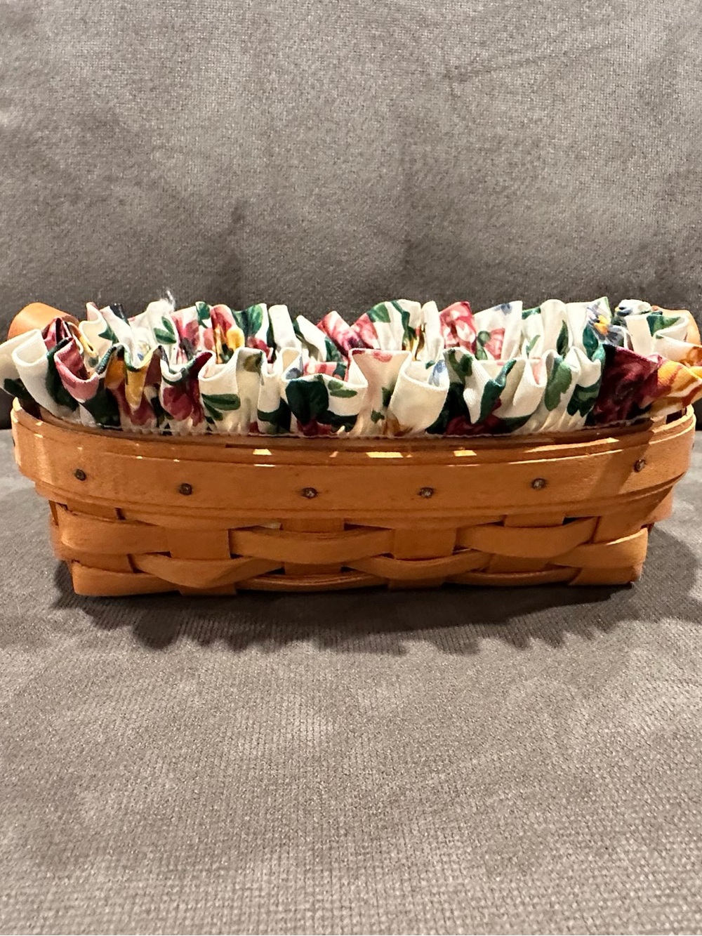 Longaberger Honey Brown Woven Basket with Floral Ruffled Liner & Protector